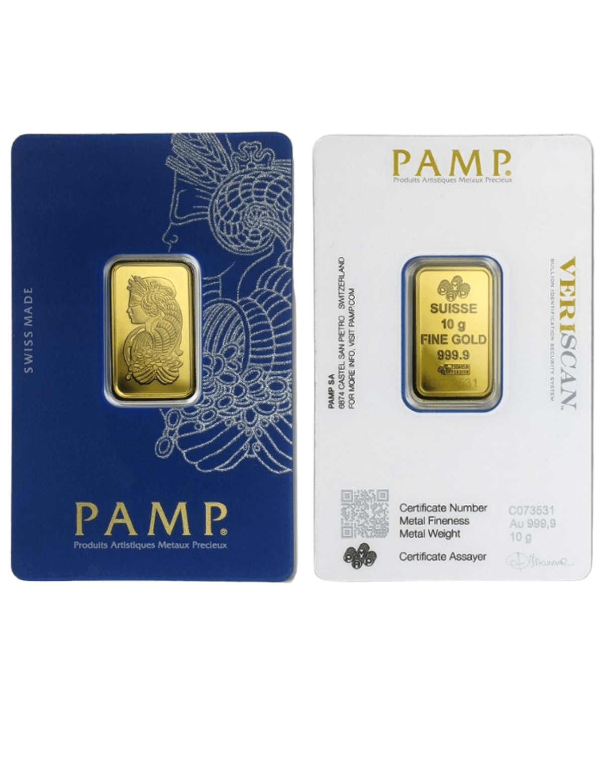 Lingote de oro puro de 24 k de 10 gramos (PAMP) y la Casa de la Moneda de Perth (Australia)