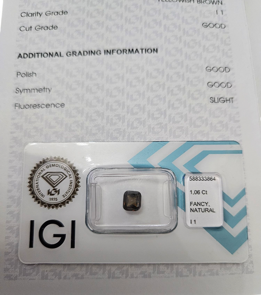 Diamante naturale certificato IGI cuscion fans 1.06 ct