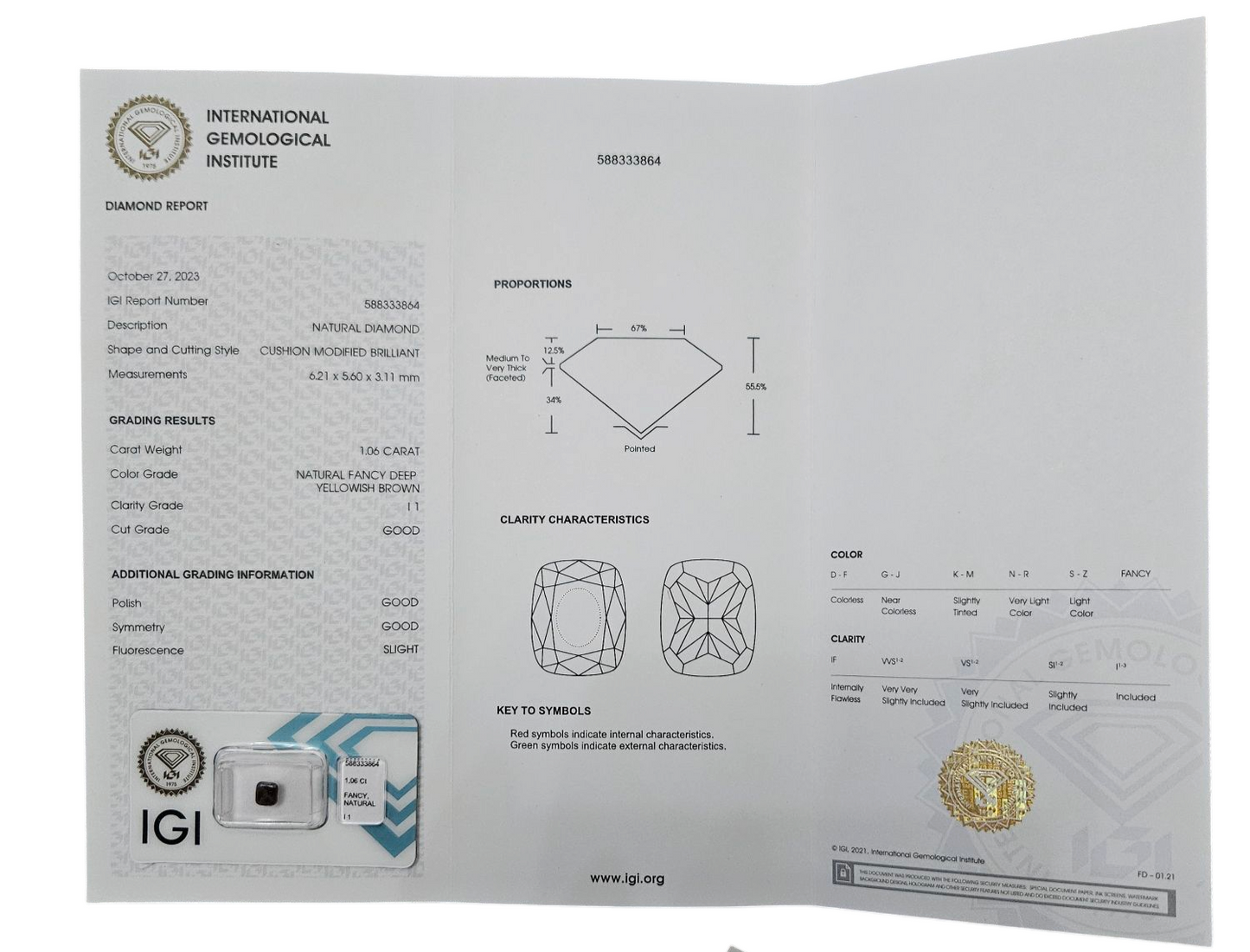 Diamante naturale certificato IGI cuscion fans 1.06 ct