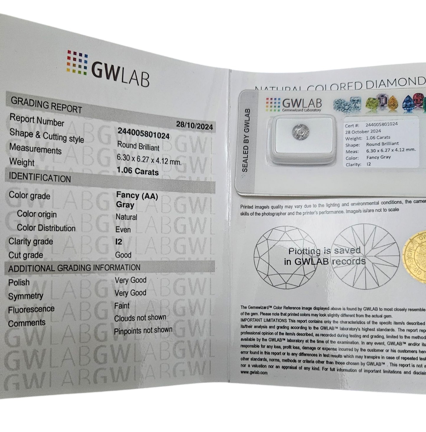 diamante naturale certificato GWLAB  1.06ct