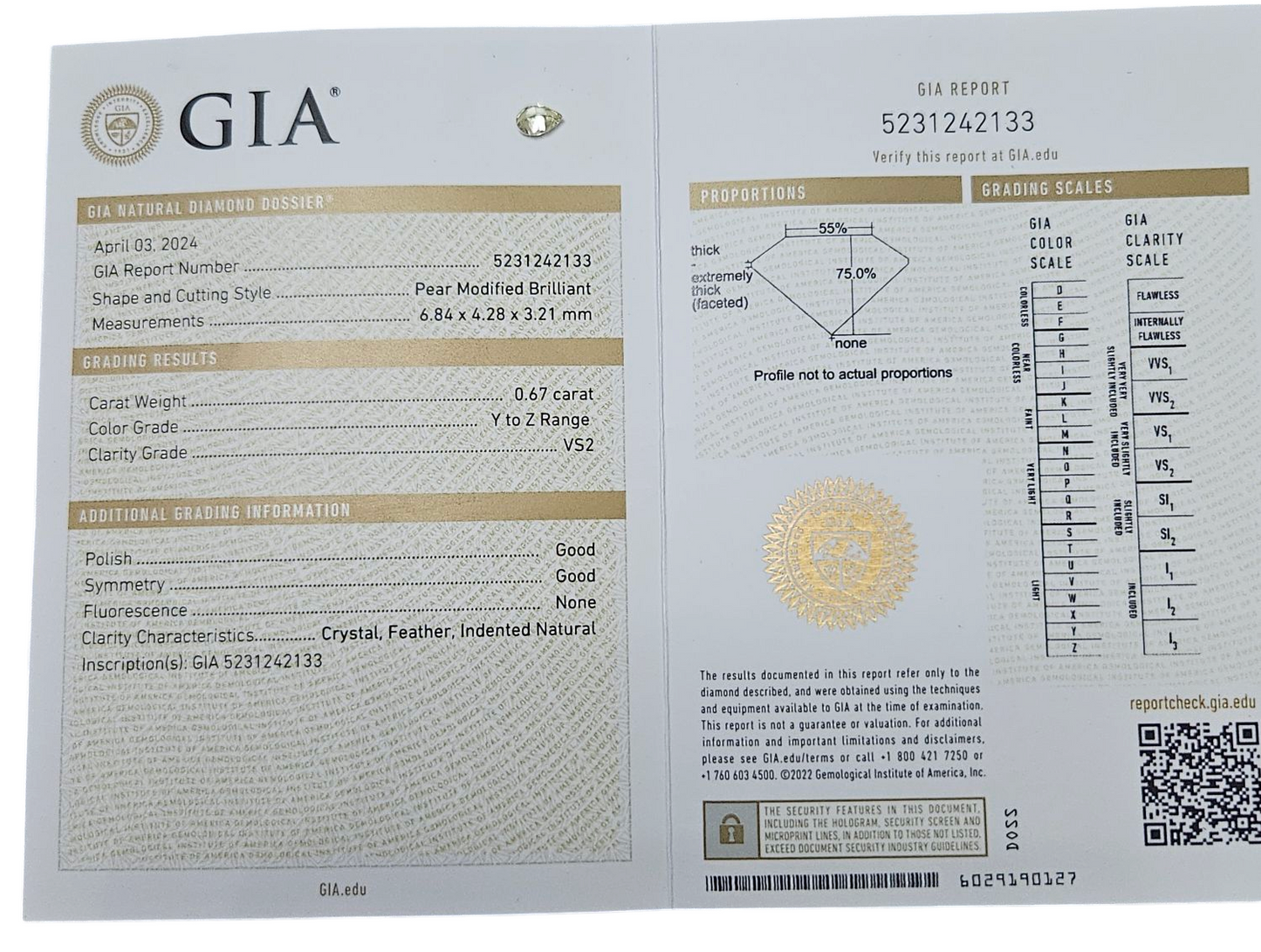 Diamante naturale pera certificato GIA  0.67ct