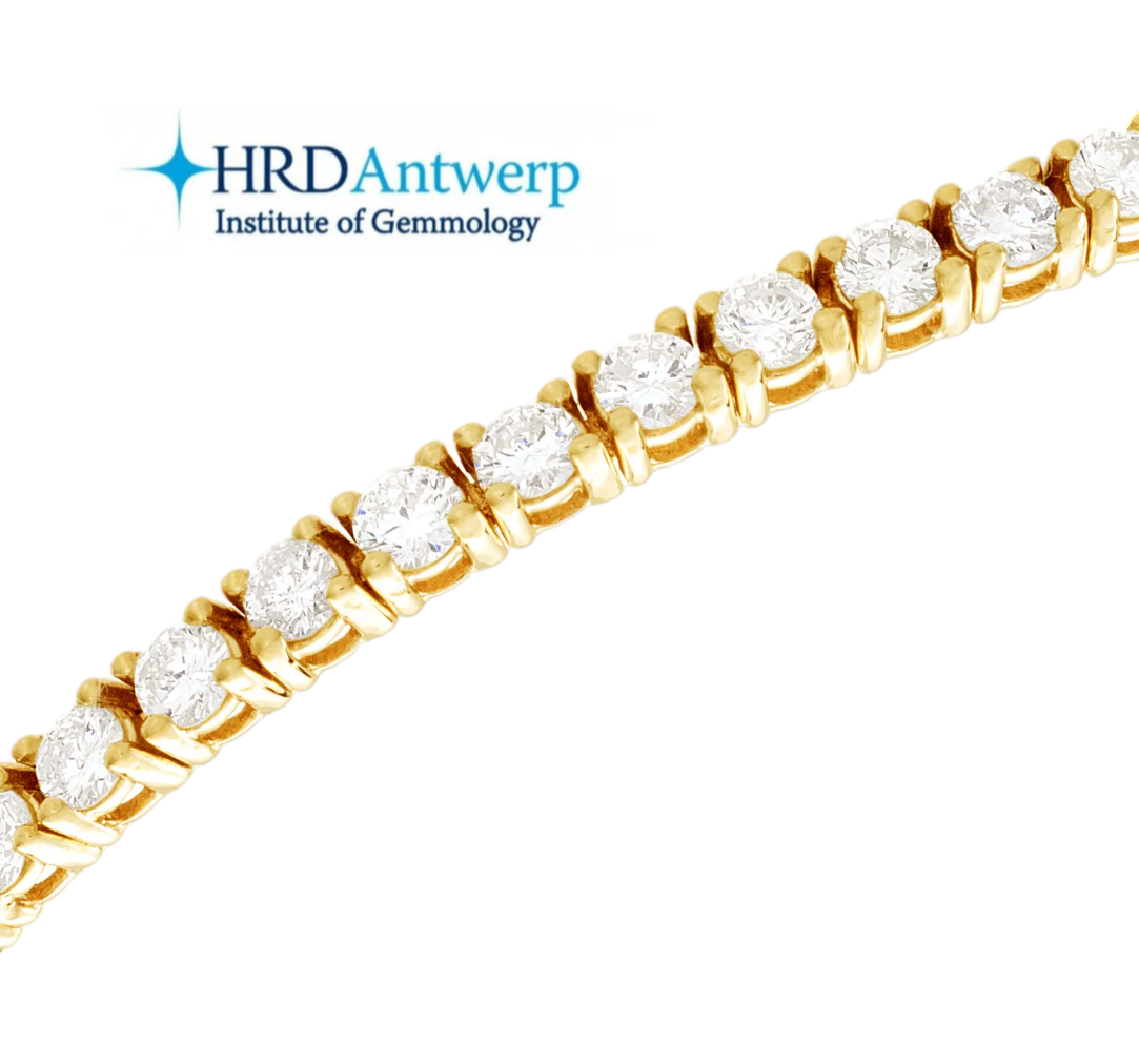 Pulsera de tenis certificada HRD en oro amarillo de 18k y diamantes naturales 4,13 ct F VVS1