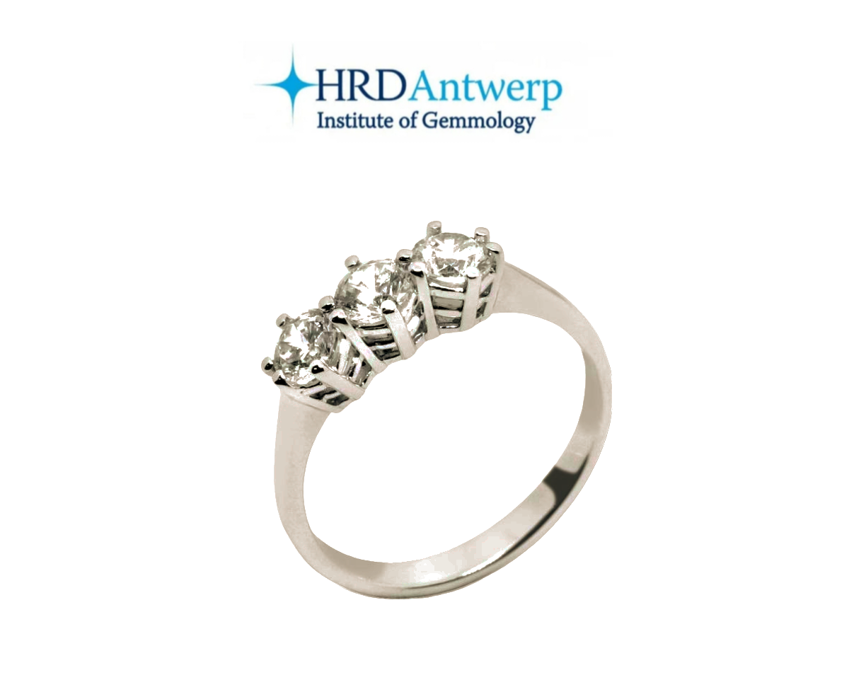 Anillo de trilogía con certificación HRD y 3 diamantes naturales de 0,94 ct