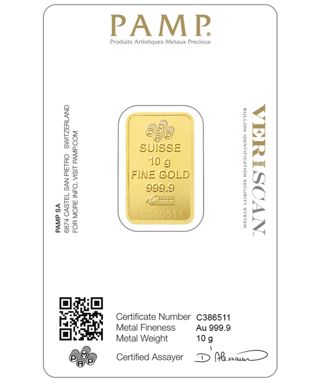 Lingote de oro puro de 24 k de 10 gramos (PAMP) y la Casa de la Moneda de Perth (Australia)