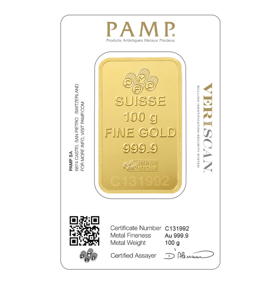 24 Karat reiner Goldbarren, 100 Gramm (PAMP) als Investition