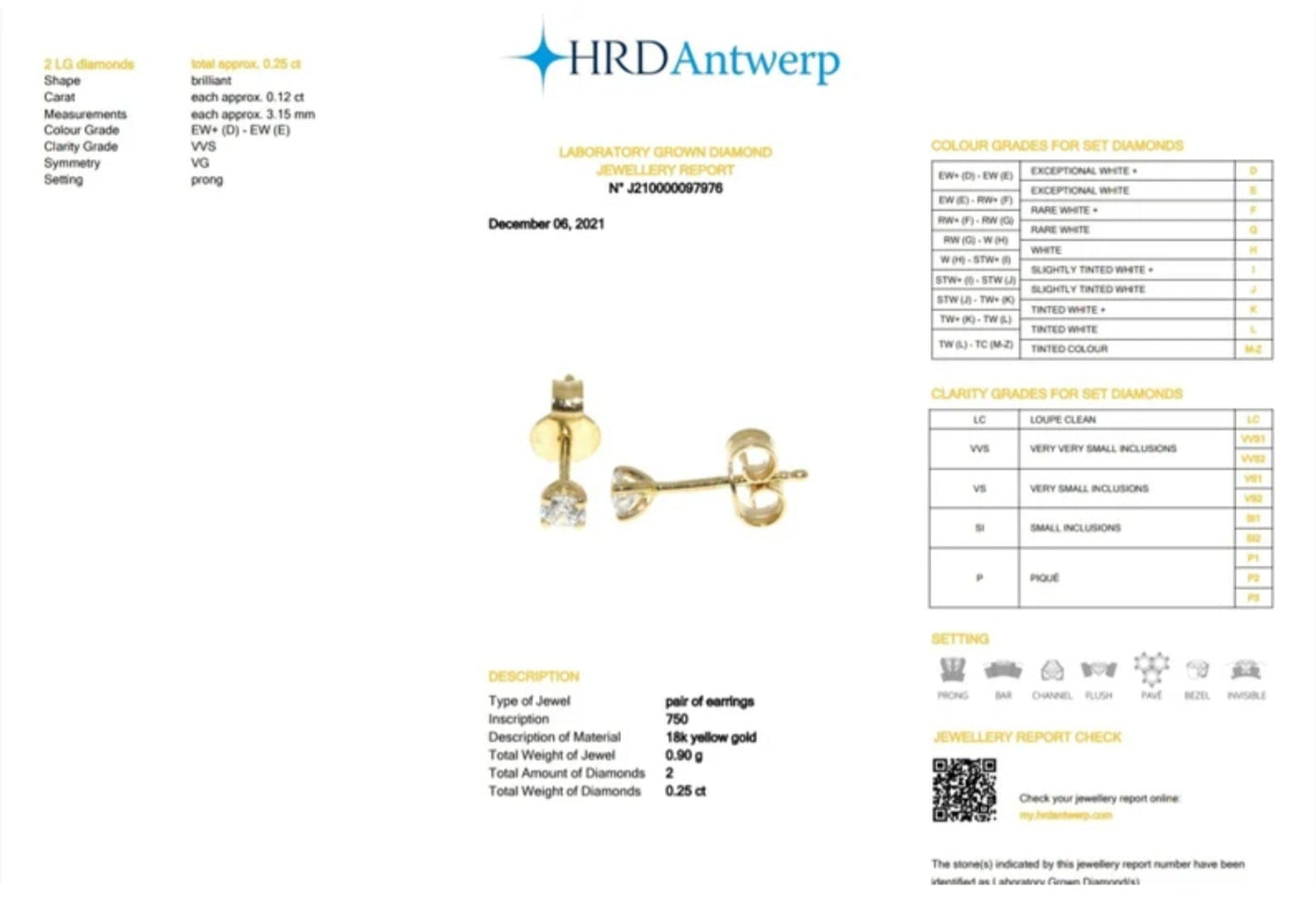 orecchini punto luce certificato HRD in oro giallo 18k e 2 diamanti naturali 0,25ct