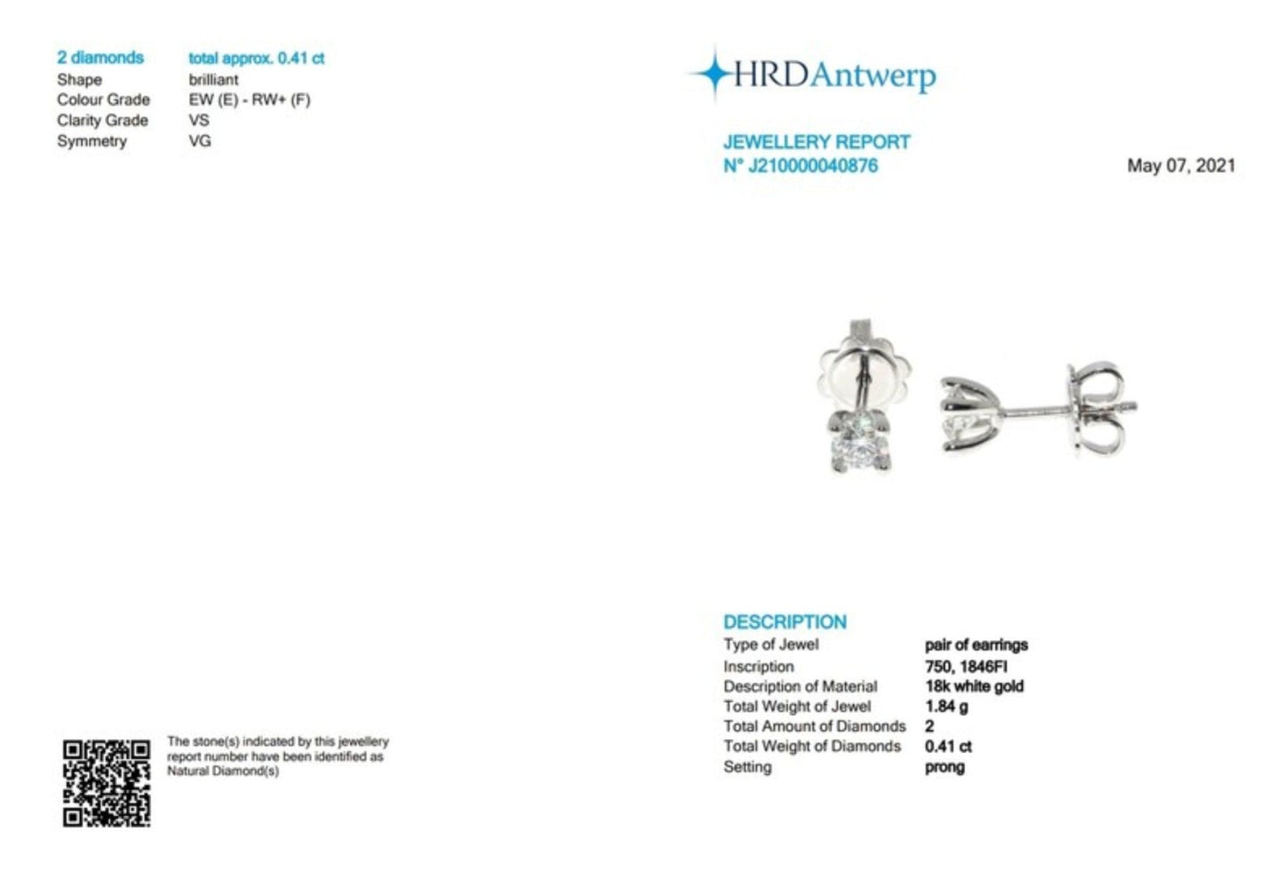 HRD-zertifizierte Light Point-Ohrringe aus 18 Karat Weißgold und 2 natürlichen Diamanten von 0,41 Karat