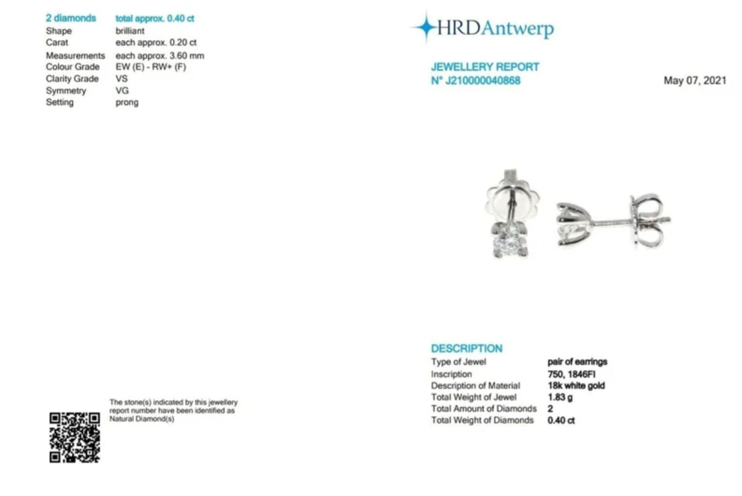 Pendientes punto de luz con certificación HRD en oro blanco de 18k y 2 diamantes naturales de 0,40 ct