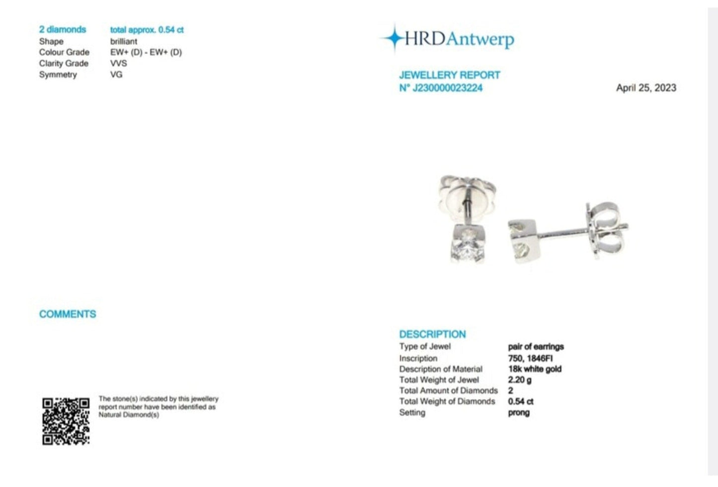 Pendientes de punto de luz cuadrado con certificación HRD en oro blanco y 2 diamantes naturales de 0,54 ct