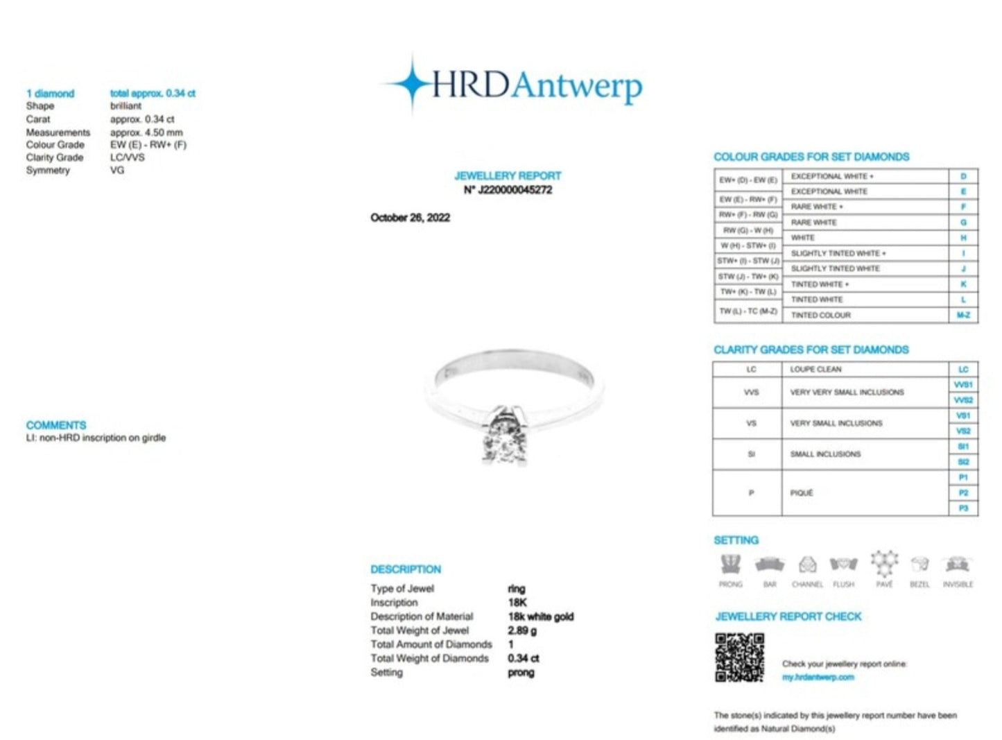 anello solitario  certificato HRD in oro bianco 18k e diamante naturali centrale 0,34ct