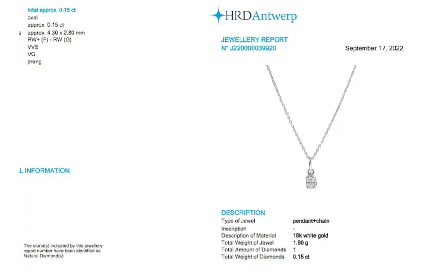 Colgante HRD ANTWERP de punto de luz ovalado en oro y diamante natural de 0,15 ct