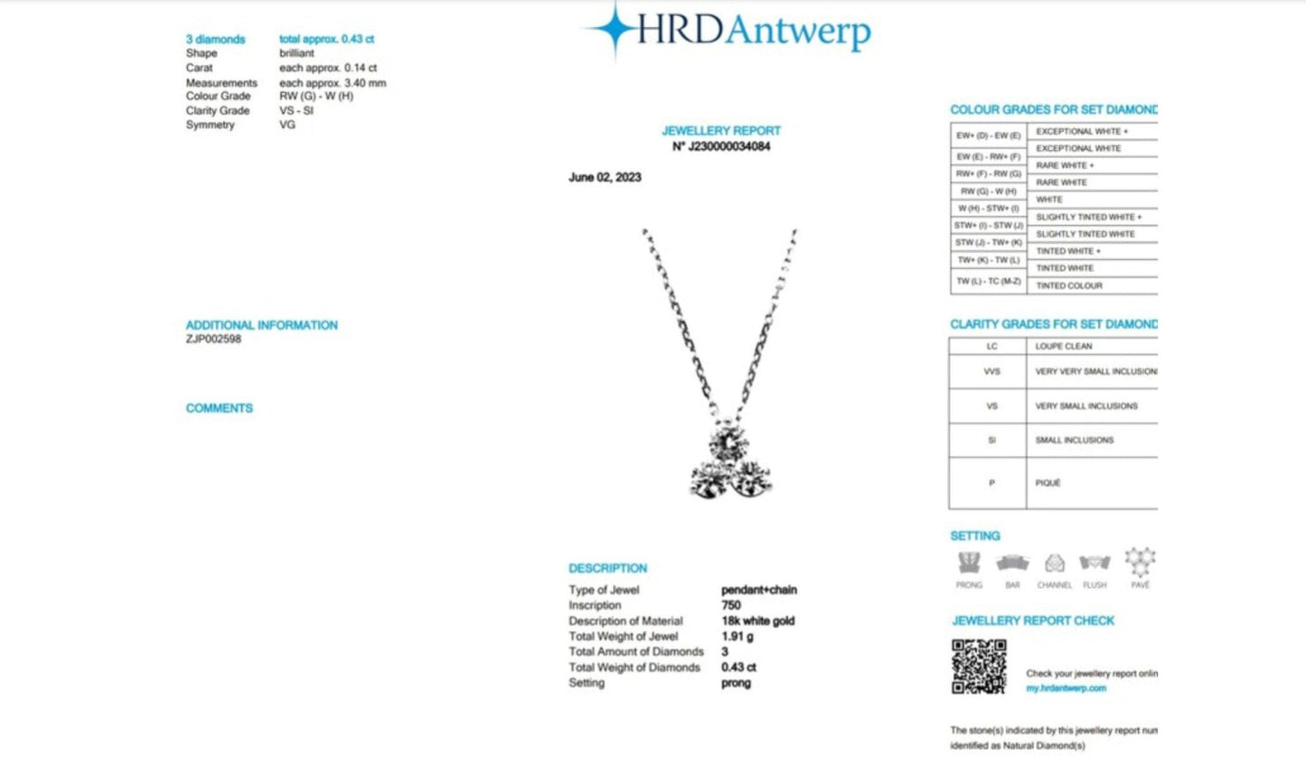 HRD-zertifizierter Trilogie-Anhänger aus Weißgold und 3 natürlichen Diamanten 0,43 ct